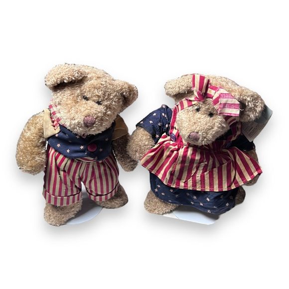 Russ Berrie Handmade Dressed Celebrate American Boy & Girl Teddy Bears W/ Stand - Picture 1 of 8